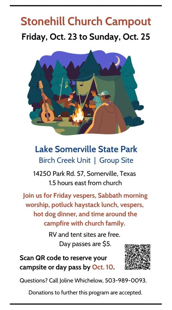 Stonehill Church Campout, Friday October 23 to Sunday October 25 at Lake Somerville State Park