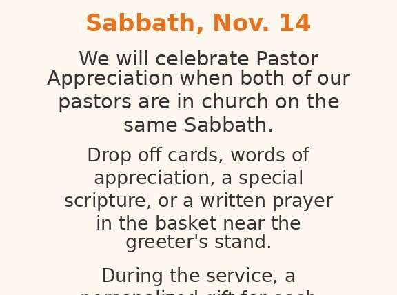Pastor Appreciation, Sabbath November 14 at Stonehill Church