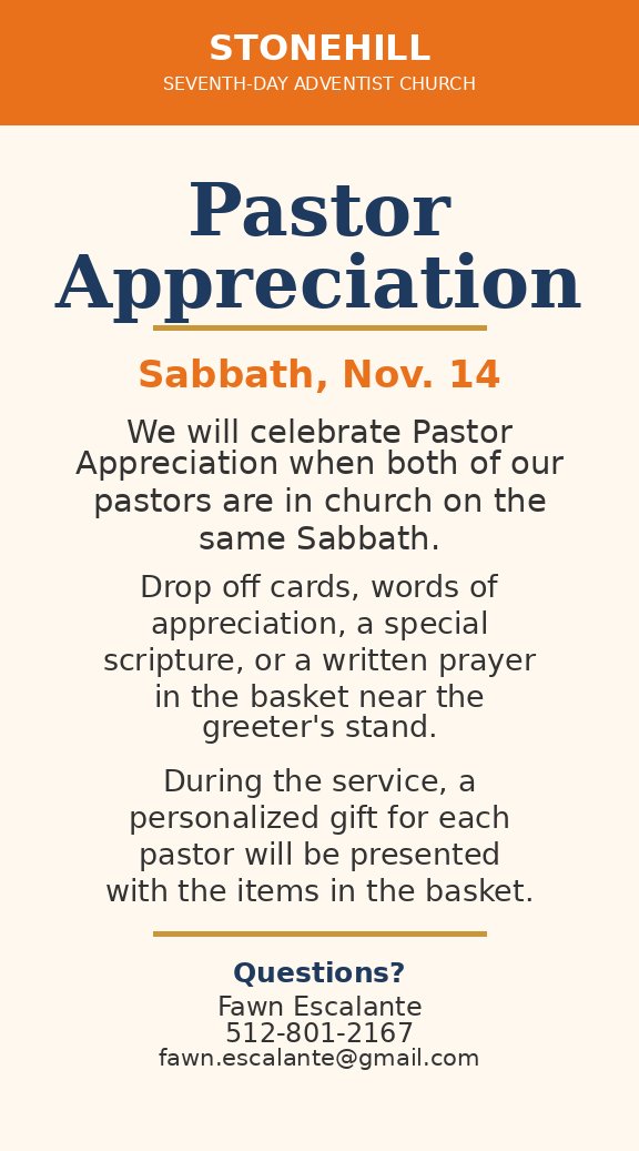 Pastor Appreciation, Sabbath November 14 at Stonehill Church