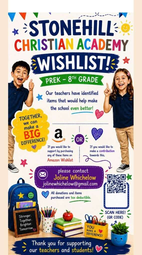 Stonehill Christian Academy Wishlist, PreK through 8th Grade